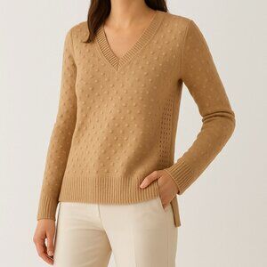 Ann Taylor Sweater Size Large Quiet Luxury Textured Knit V-Neck Beige Side Slit